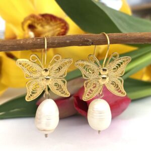 Aretes Filigrana Mariposas Con Perlas Albor Arte Mx