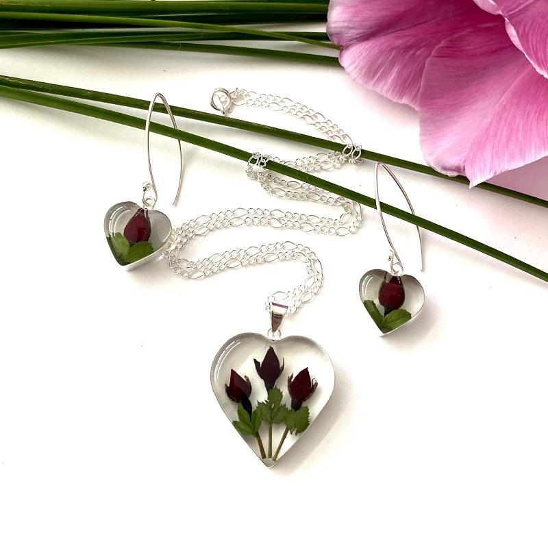 Juego de plata corazón rosas mini