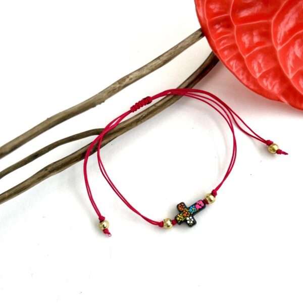 Pulsera rosa mexicano cruz madera