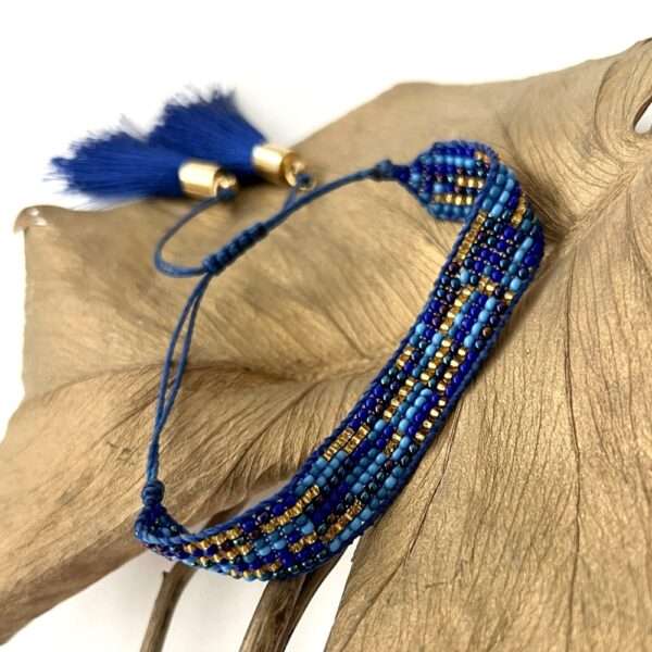 Pulsera chaquiras azul con dorado