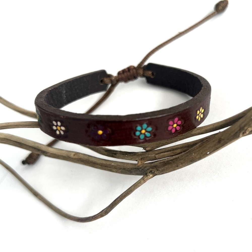 pulsera piel café flores chicas