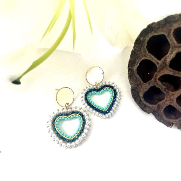 aretes corazón turquesa y perlas