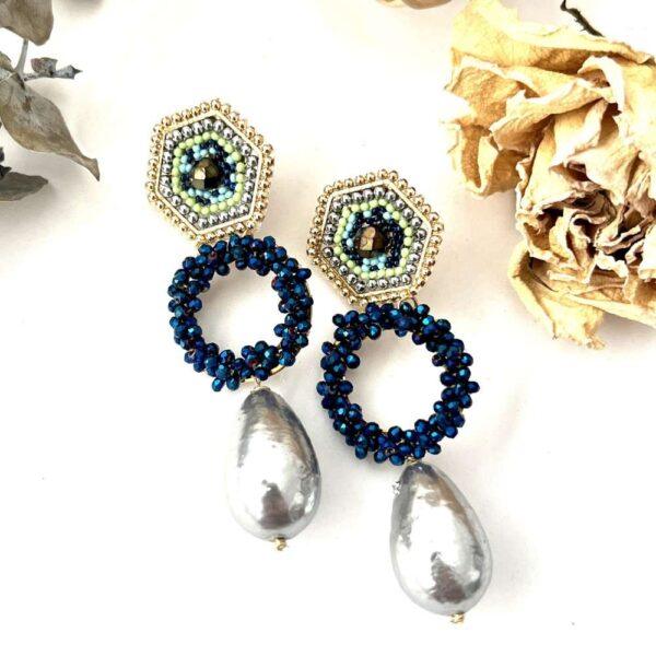 aretes rombo azul con perla