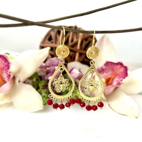 Aretes filigrana gota con rojo - Imagen 2