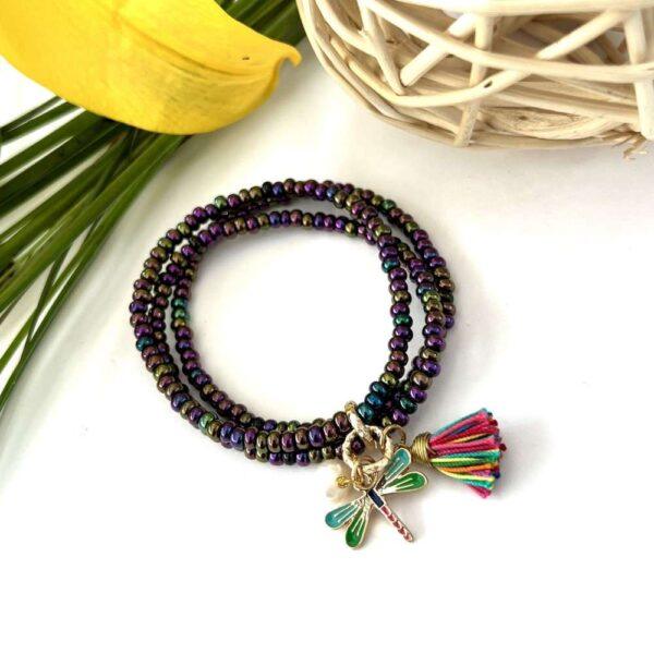 pulsera triple chaquira dije libélula
