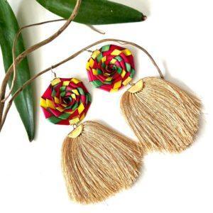 aretes hoja de palma borla abanico