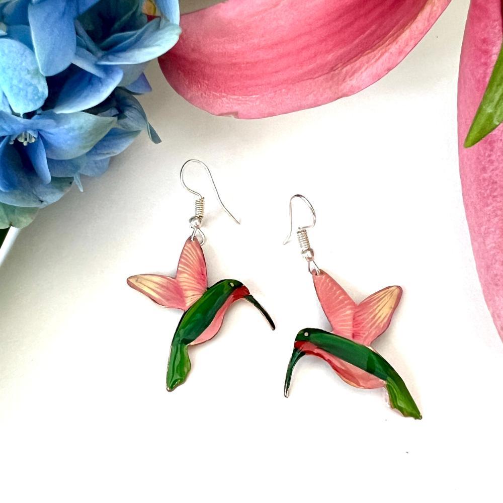 aretes cobre colibrí rosa