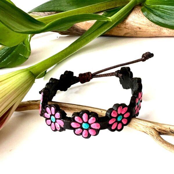 pulsera piel flores rosa